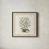 Batik Flowers I by Wild Apple Portfolio. Shown in a sleek black glass frame for a contemporary gallery look. Available as an archival giclee rolled canvas, fine art paper, or poster print. SKU 75168a.