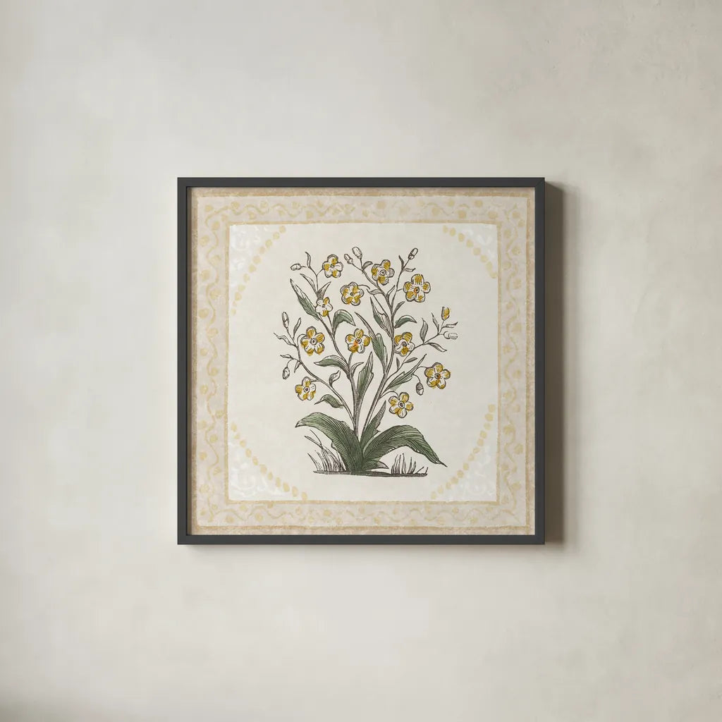 Batik Flowers I by Wild Apple Portfolio. Shown in a sleek black glass frame for a contemporary gallery look. Available as an archival giclee rolled canvas, fine art paper, or poster print. SKU 75168a.