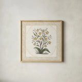 Batik Flowers I by Wild Apple Portfolio. Shown in a natural wood glass frame for a timeless modern aesthetic. Available as an archival giclee rolled canvas, fine art paper, or poster print. SKU 75168a.