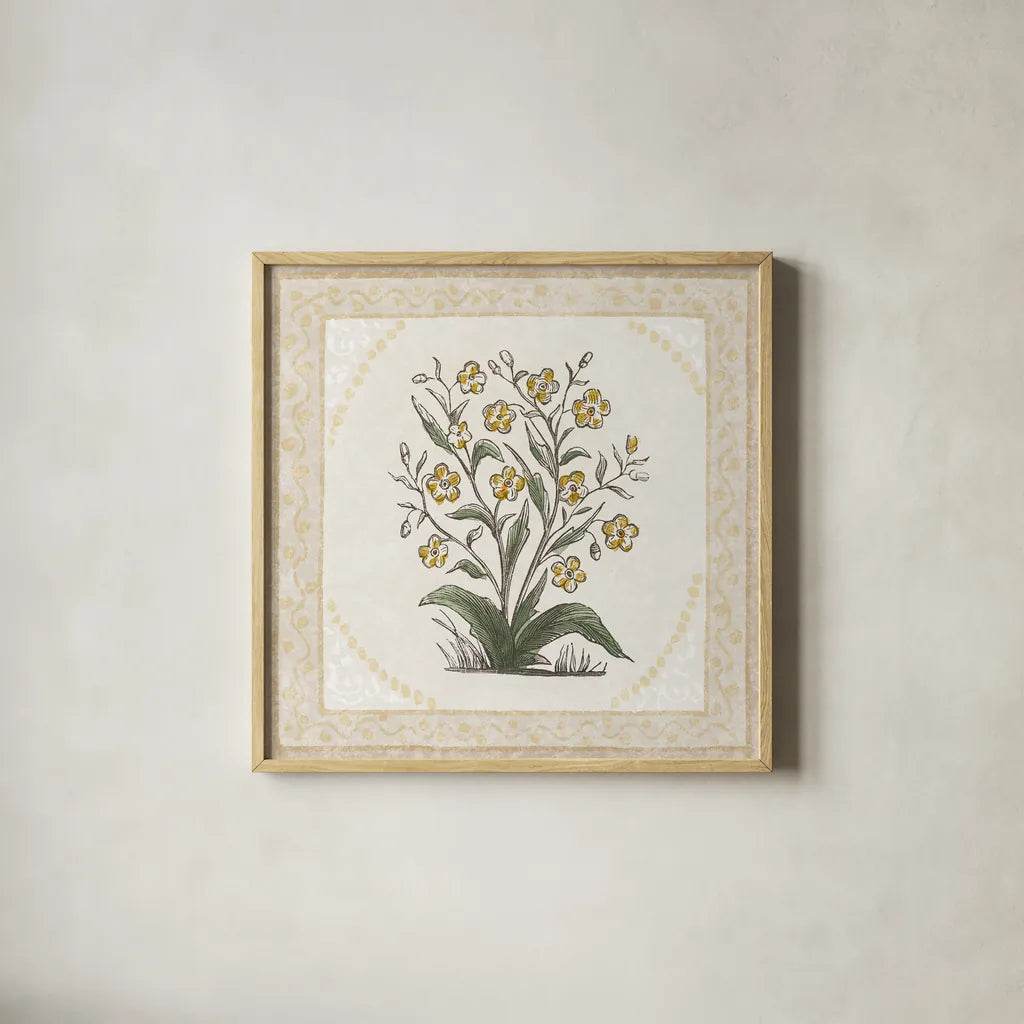 Batik Flowers I by Wild Apple Portfolio. Shown in a natural wood glass frame for a timeless modern aesthetic. Available as an archival giclee rolled canvas, fine art paper, or poster print. SKU 75168a.