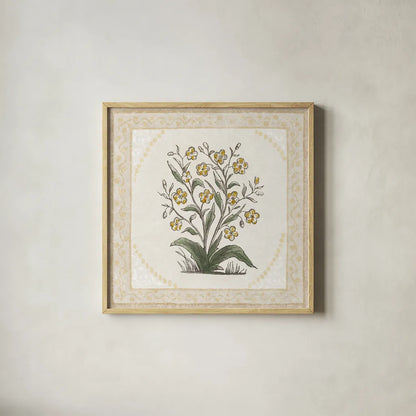 Batik Flowers I by Wild Apple Portfolio. Shown in a natural wood glass frame for a timeless modern aesthetic. Available as an archival giclee rolled canvas, fine art paper, or poster print. SKU 75168a.