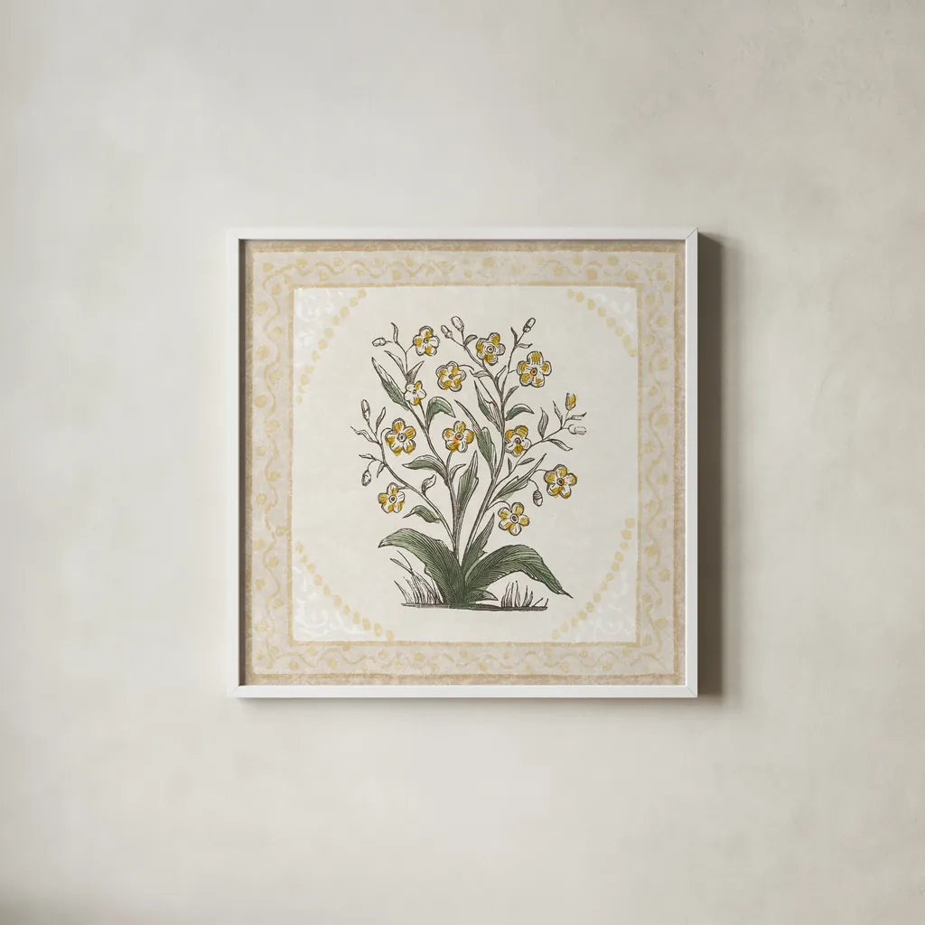 Batik Flowers I by Wild Apple Portfolio. Shown in a crisp white glass frame for a clean and minimalist style. Available as an archival giclee rolled canvas, fine art paper, or poster print. SKU 75168a.