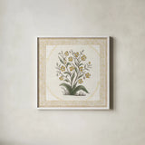 Batik Flowers I by Wild Apple Portfolio. Shown in a crisp white glass frame for a clean and minimalist style. Available as an archival giclee rolled canvas, fine art paper, or poster print. SKU 75168a.