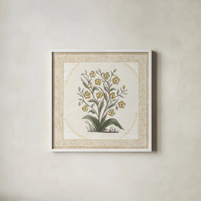 Batik Flowers I by Wild Apple Portfolio. Shown in a crisp white glass frame for a clean and minimalist style. Available as an archival giclee rolled canvas, fine art paper, or poster print. SKU 75168a.