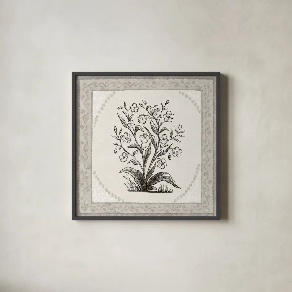 Batik Flowers I v2 by Wild Apple Portfolio. Shown in a sleek black glass frame for a contemporary gallery look. Available as an archival giclee rolled canvas, fine art paper, or poster print. SKU 96034a.