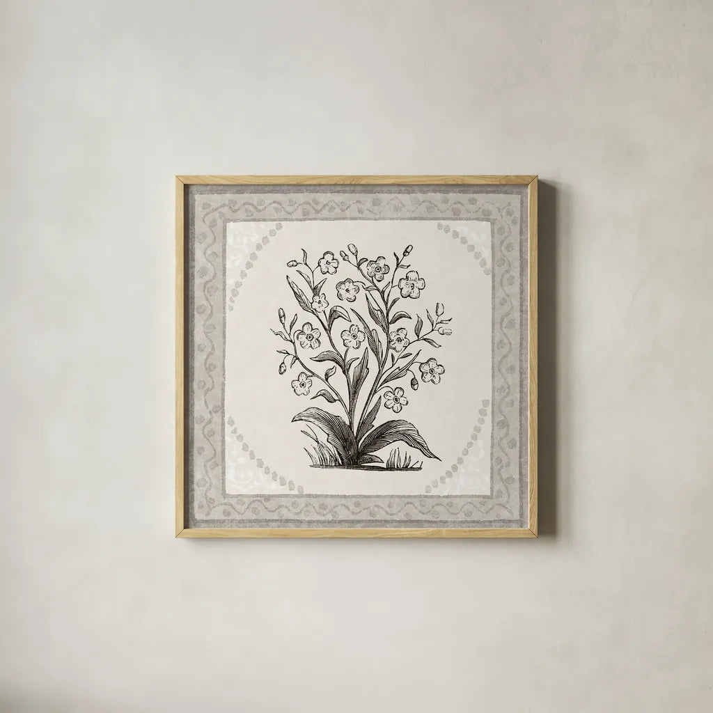Batik Flowers I v2 by Wild Apple Portfolio. Shown in a natural wood glass frame for a timeless modern aesthetic. Available as an archival giclee rolled canvas, fine art paper, or poster print. SKU 96034a.