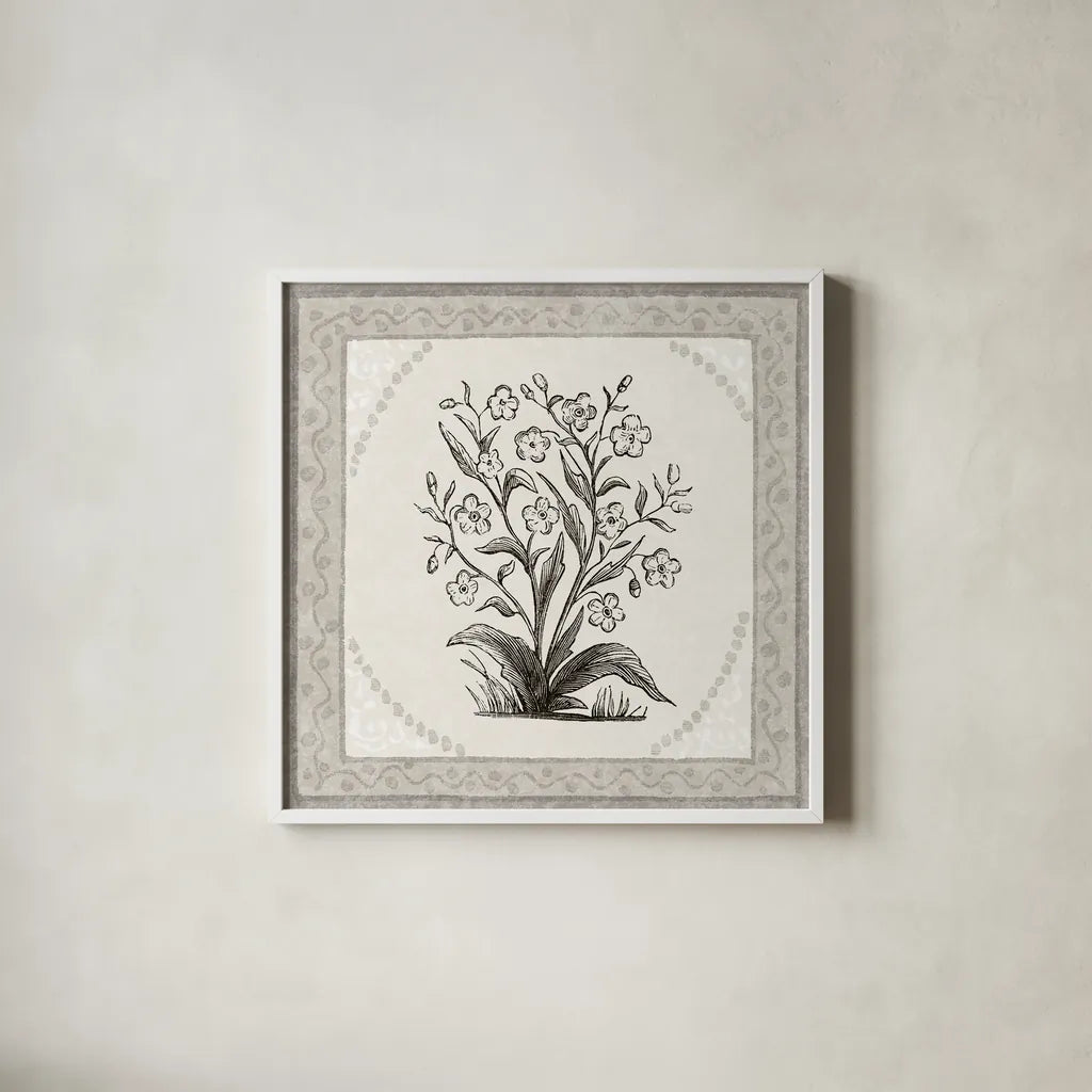 Batik Flowers I v2 by Wild Apple Portfolio. Shown in a crisp white glass frame for a clean and minimalist style. Available as an archival giclee rolled canvas, fine art paper, or poster print. SKU 96034a.