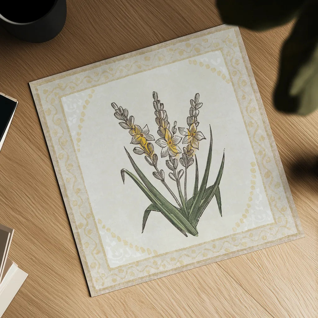 Batik Flowers II by Wild Apple Portfolio. Shown as a detailed flat fine art print, highlighting archival giclee quality. Available as an archival giclee rolled canvas, fine art paper, or poster print. SKU 75169a.