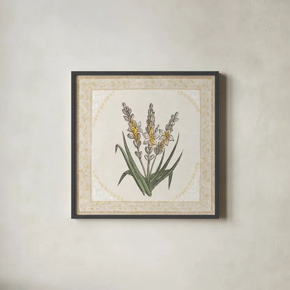 Batik Flowers II by Wild Apple Portfolio. Shown in a sleek black glass frame for a contemporary gallery look. Available as an archival giclee rolled canvas, fine art paper, or poster print. SKU 75169a.