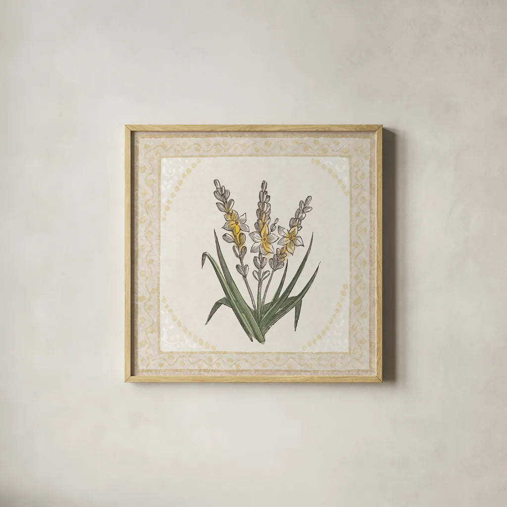 Batik Flowers II by Wild Apple Portfolio. Shown in a natural wood glass frame for a timeless modern aesthetic. Available as an archival giclee rolled canvas, fine art paper, or poster print. SKU 75169a.