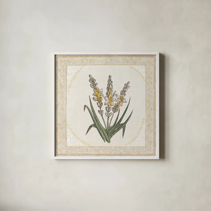 Batik Flowers II by Wild Apple Portfolio. Shown in a crisp white glass frame for a clean and minimalist style. Available as an archival giclee rolled canvas, fine art paper, or poster print. SKU 75169a.