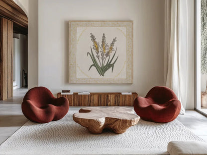 Batik Flowers II by Wild Apple Portfolio. Shown as extra-large giant wall art in a modern living room. Available as an archival giclee rolled canvas, fine art paper, or poster print. SKU 75169a.