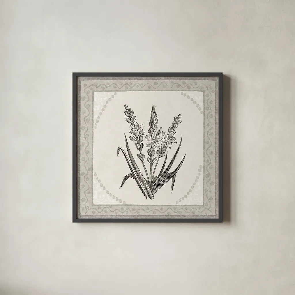 Batik Flowers II v2 by Wild Apple Portfolio. Shown in a sleek black glass frame for a contemporary gallery look. Available as an archival giclee rolled canvas, fine art paper, or poster print. SKU 96035a.