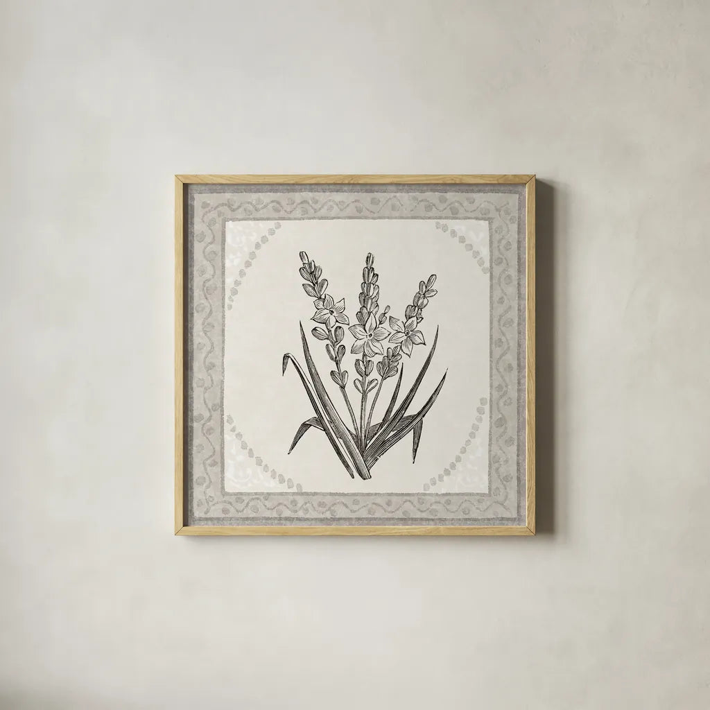 Batik Flowers II v2 by Wild Apple Portfolio. Shown in a natural wood glass frame for a timeless modern aesthetic. Available as an archival giclee rolled canvas, fine art paper, or poster print. SKU 96035a.