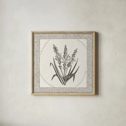 Batik Flowers II v2 by Wild Apple Portfolio. Shown in a natural wood glass frame for a timeless modern aesthetic. Available as an archival giclee rolled canvas, fine art paper, or poster print. SKU 96035a.