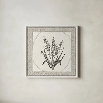 Batik Flowers II v2 by Wild Apple Portfolio. Shown in a crisp white glass frame for a clean and minimalist style. Available as an archival giclee rolled canvas, fine art paper, or poster print. SKU 96035a.
