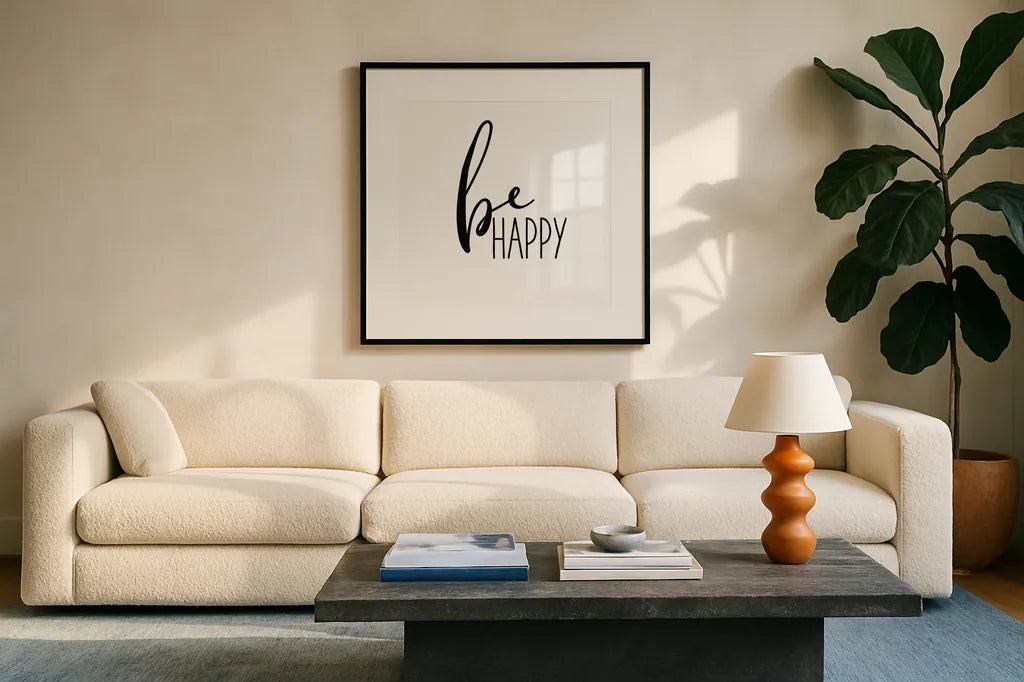 Be Happy by Wild Apple Portfolio. Displayed in a glass frame with matte in a clean modern living room. Available as an archival giclee rolled canvas, fine art paper, or poster print. SKU 59253a.