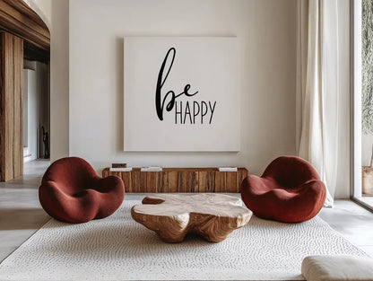 Be Happy by Wild Apple Portfolio. Shown as extra-large giant wall art in a modern living room. Available as an archival giclee rolled canvas, fine art paper, or poster print. SKU 59253a.