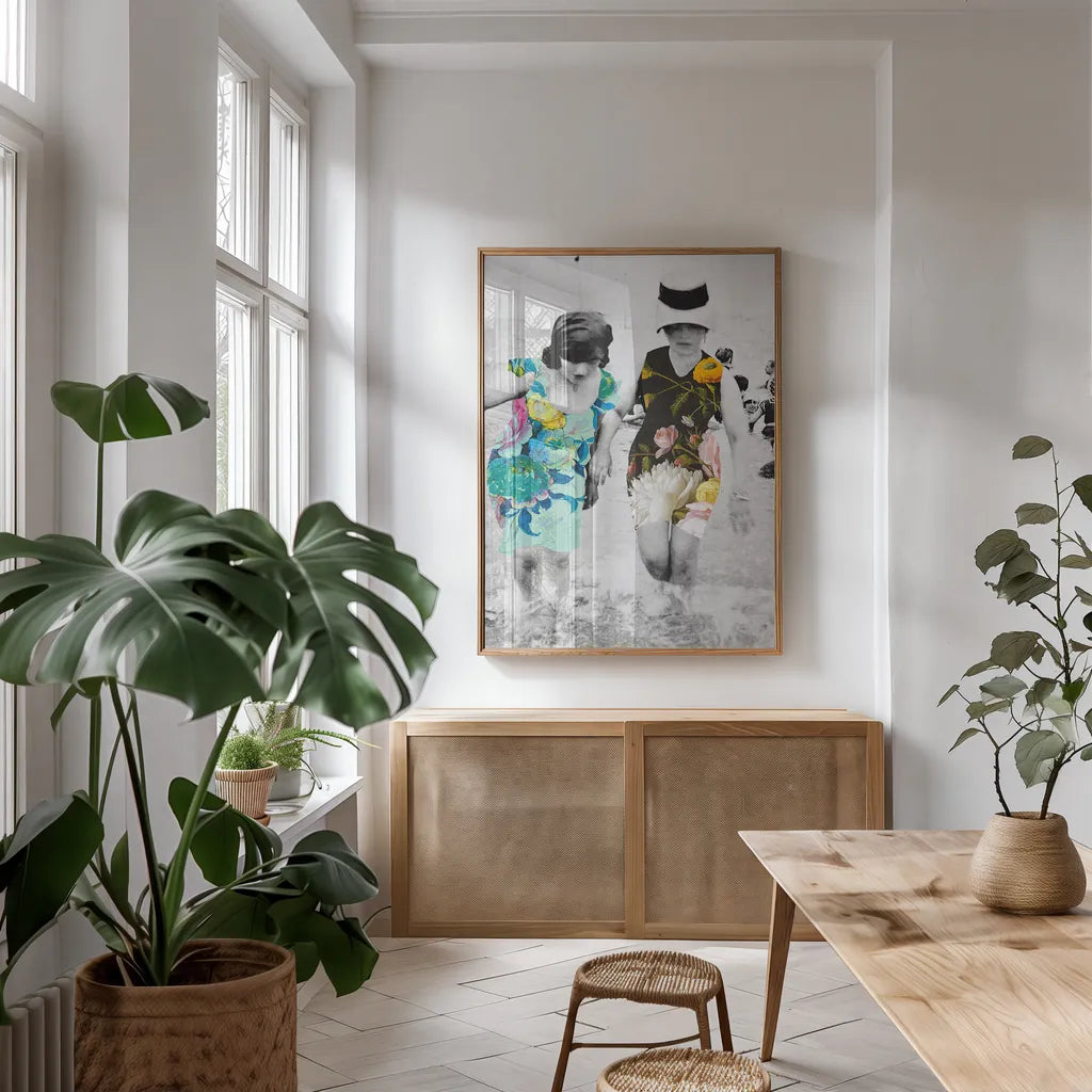 Beach Party by Wild Apple Portfolio. shown as a print in a natural wood frame in a dining room. Available as a archival giclee rolled canvas, fine art paper, or poster print. SKU 48087h.