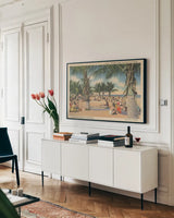 Beach Postcard III by Wild Apple Portfolio. shown as a framed stretched canvas in a living room above a console. Available as a archival giclee rolled canvas, fine art paper, or poster print. SKU 57445i.