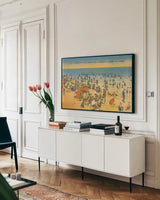 Beach Postcard IV by Wild Apple Portfolio. shown as a framed stretched canvas in a living room above a console. Available as a archival giclee rolled canvas, fine art paper, or poster print. SKU 57446i.