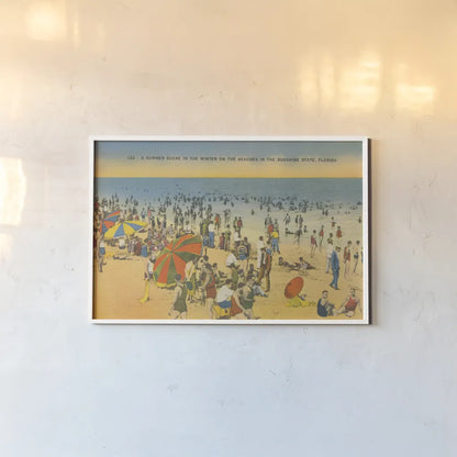 Beach Postcard IV by Wild Apple Portfolio. shown as a paper print in a white frame. Available as a archival giclee rolled canvas, fine art paper, or poster print. SKU 57446i.