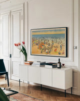 Beach Postcard IV Plain Border by Wild Apple Portfolio. shown as a framed stretched canvas in a living room above a console. Available as a archival giclee rolled canvas, fine art paper, or poster print. SKU 57823i.