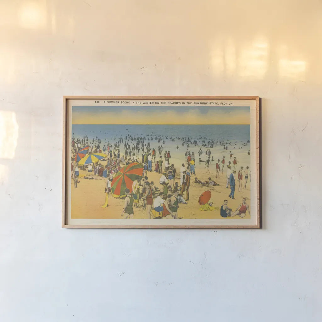 Beach Postcard IV Plain Border by Wild Apple Portfolio. shown as a paper print in a natural frame. Available as a archival giclee rolled canvas, fine art paper, or poster print. SKU 57823i.