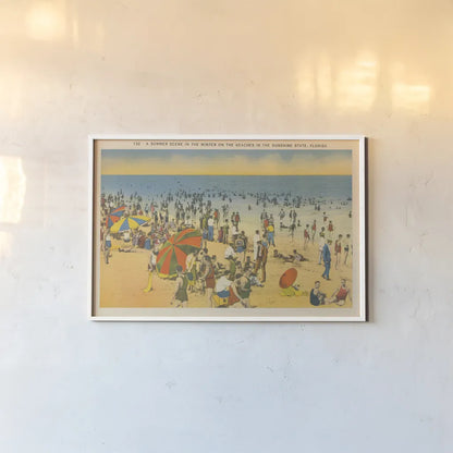 Beach Postcard IV Plain Border by Wild Apple Portfolio. shown as a paper print in a white frame. Available as a archival giclee rolled canvas, fine art paper, or poster print. SKU 57823i.