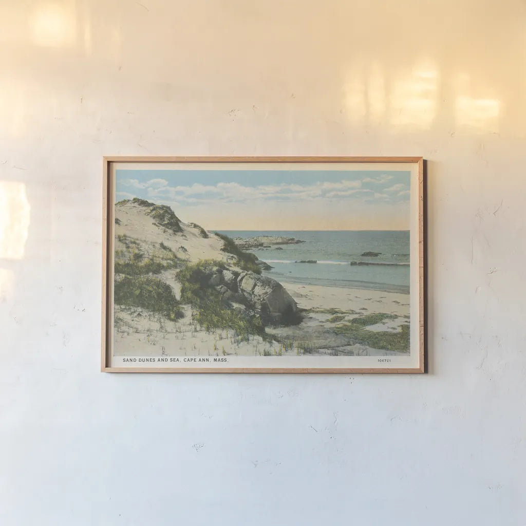 Beach Postcard V by Wild Apple Portfolio. shown as a paper print in a natural frame. Available as a archival giclee rolled canvas, fine art paper, or poster print. SKU 57447i.