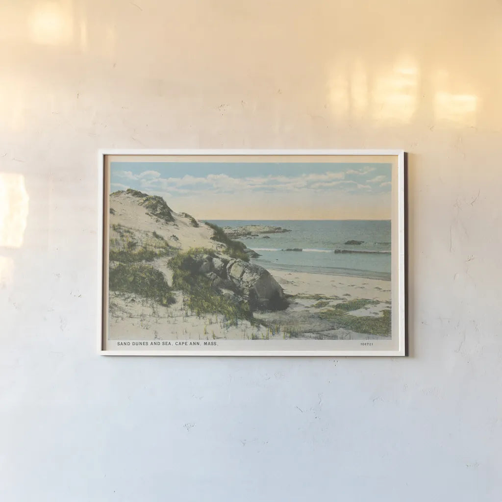 Beach Postcard V by Wild Apple Portfolio. shown as a paper print in a white frame. Available as a archival giclee rolled canvas, fine art paper, or poster print. SKU 57447i.