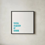 Beach Sayings I by Wild Apple Portfolio. Shown in a sleek black glass frame for a contemporary gallery look. Available as an archival giclee rolled canvas, fine art paper, or poster print. SKU 72464a.