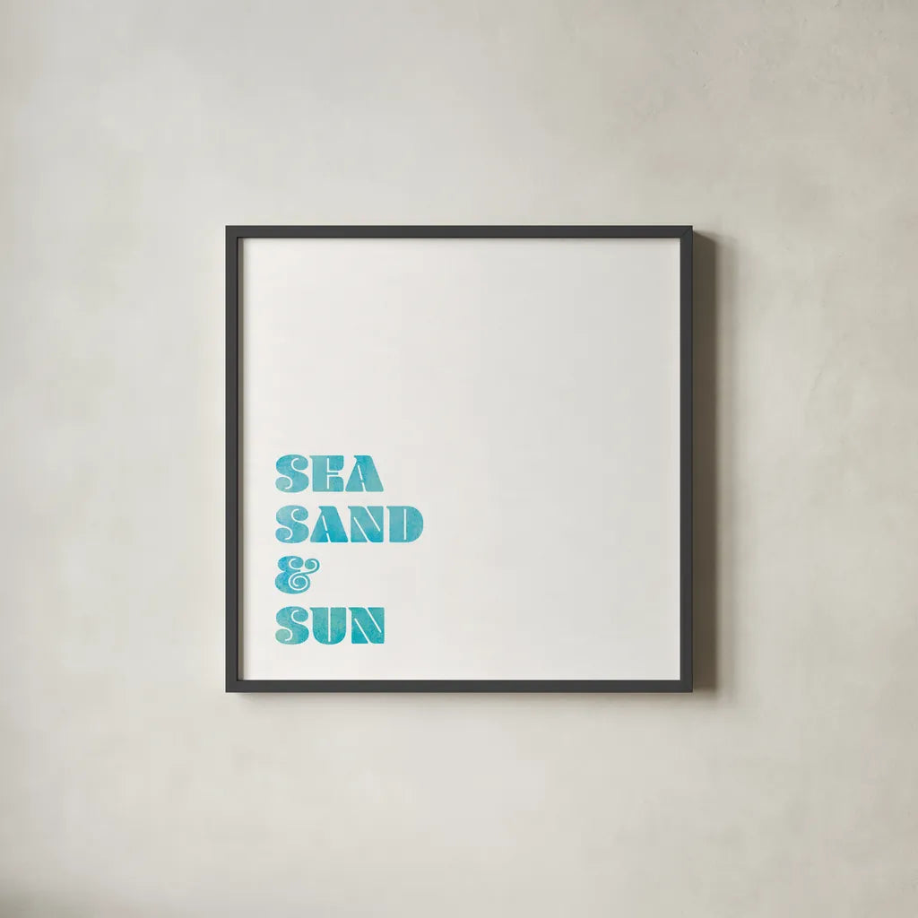Beach Sayings I by Wild Apple Portfolio. Shown in a sleek black glass frame for a contemporary gallery look. Available as an archival giclee rolled canvas, fine art paper, or poster print. SKU 72464a.