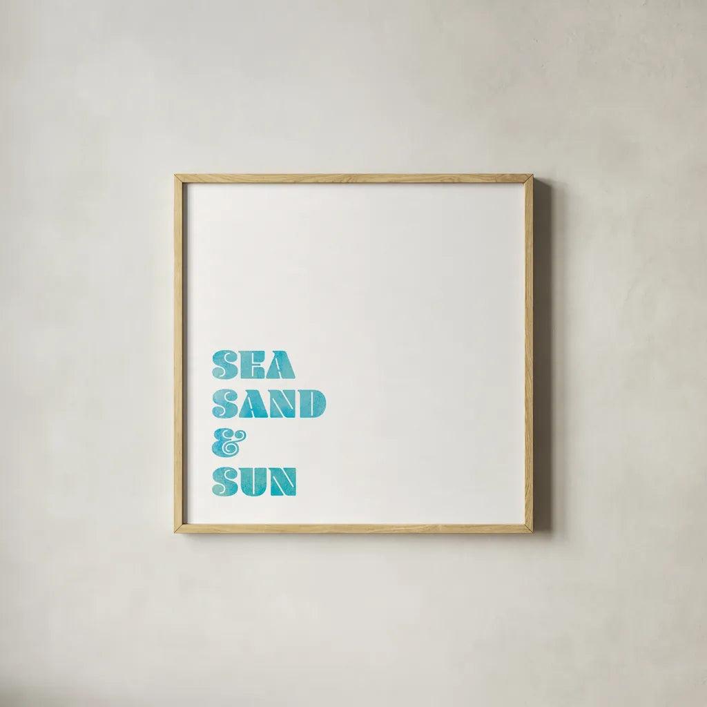 Beach Sayings I by Wild Apple Portfolio. Shown in a natural wood glass frame for a timeless modern aesthetic. Available as an archival giclee rolled canvas, fine art paper, or poster print. SKU 72464a.