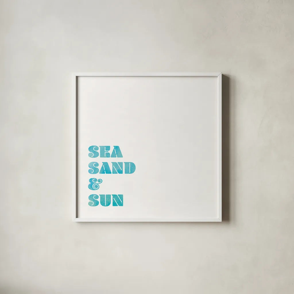 Beach Sayings I by Wild Apple Portfolio. Shown in a crisp white glass frame for a clean and minimalist style. Available as an archival giclee rolled canvas, fine art paper, or poster print. SKU 72464a.