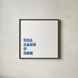 Beach Sayings I Dark Blue by Wild Apple Portfolio. Shown in a sleek black glass frame for a contemporary gallery look. Available as an archival giclee rolled canvas, fine art paper, or poster print. SKU 89040a.