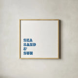 Beach Sayings I Dark Blue by Wild Apple Portfolio. Shown in a natural wood glass frame for a timeless modern aesthetic. Available as an archival giclee rolled canvas, fine art paper, or poster print. SKU 89040a.