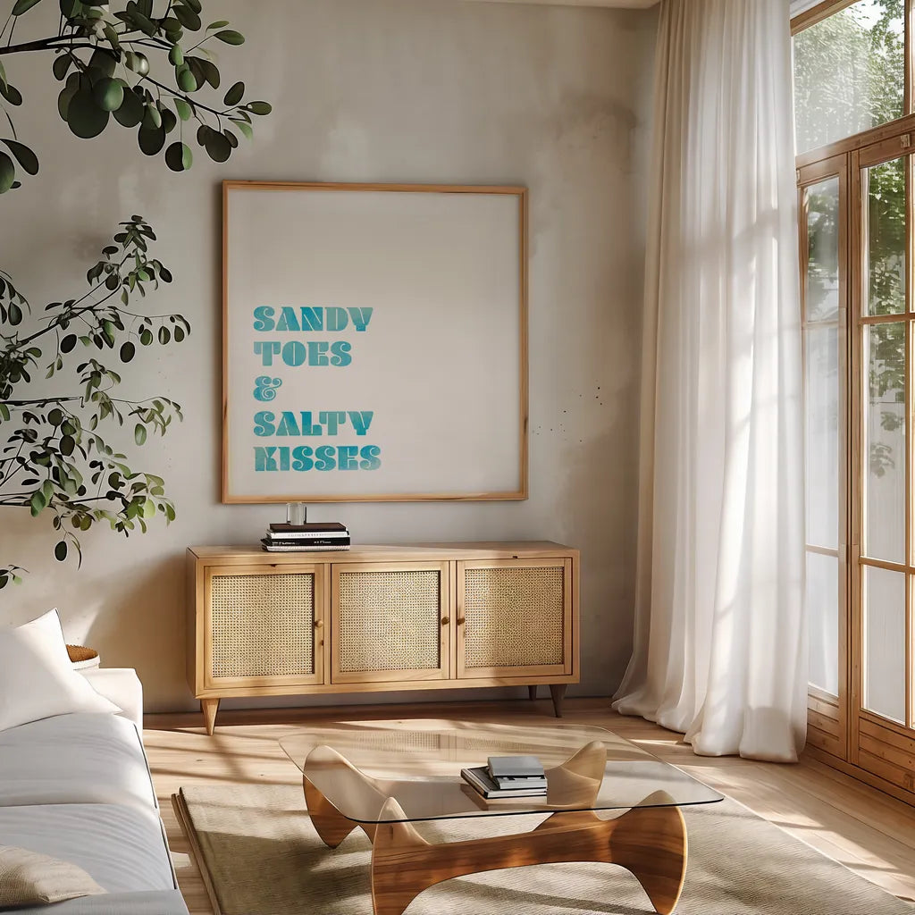 Beach Sayings II by Wild Apple Portfolio. Shown in a natural wood frame in a cozy modern living room. Available as an archival giclee rolled canvas, fine art paper, or poster print. SKU 72465a.