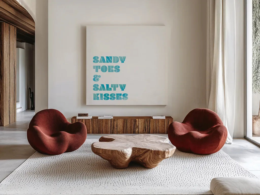 Beach Sayings II by Wild Apple Portfolio. Shown as extra-large giant wall art in a modern living room. Available as an archival giclee rolled canvas, fine art paper, or poster print. SKU 72465a.
