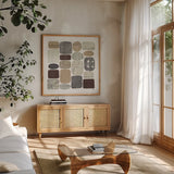 Beans I Neutral by Wild Apple Portfolio. Shown in a natural wood frame in a cozy modern living room. Available as an archival giclee rolled canvas, fine art paper, or poster print. SKU 18209a.