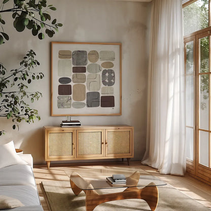 Beans I Neutral by Wild Apple Portfolio. Shown in a natural wood frame in a cozy modern living room. Available as an archival giclee rolled canvas, fine art paper, or poster print. SKU 18209a.