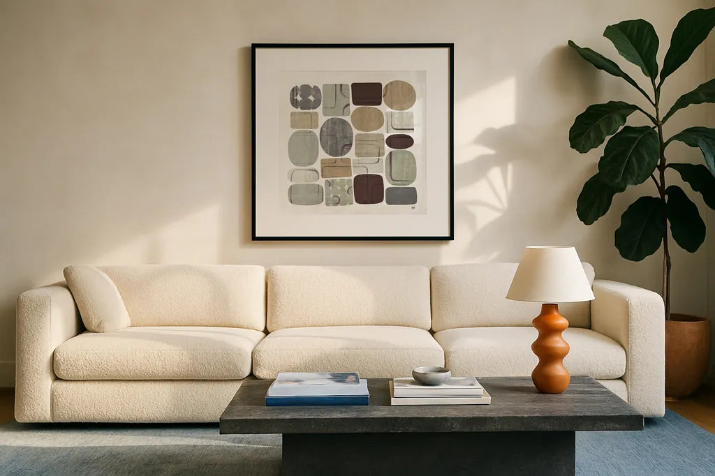Beans II Neutral by Wild Apple Portfolio. Displayed in a glass frame with matte in a clean modern living room. Available as an archival giclee rolled canvas, fine art paper, or poster print. SKU 18210a.