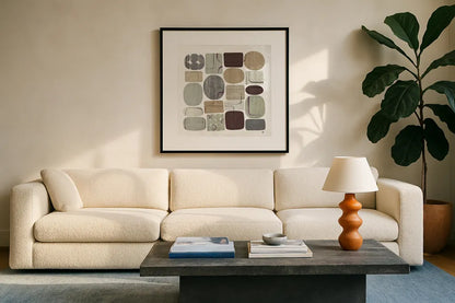 Beans II Neutral by Wild Apple Portfolio. Displayed in a glass frame with matte in a clean modern living room. Available as an archival giclee rolled canvas, fine art paper, or poster print. SKU 18210a.