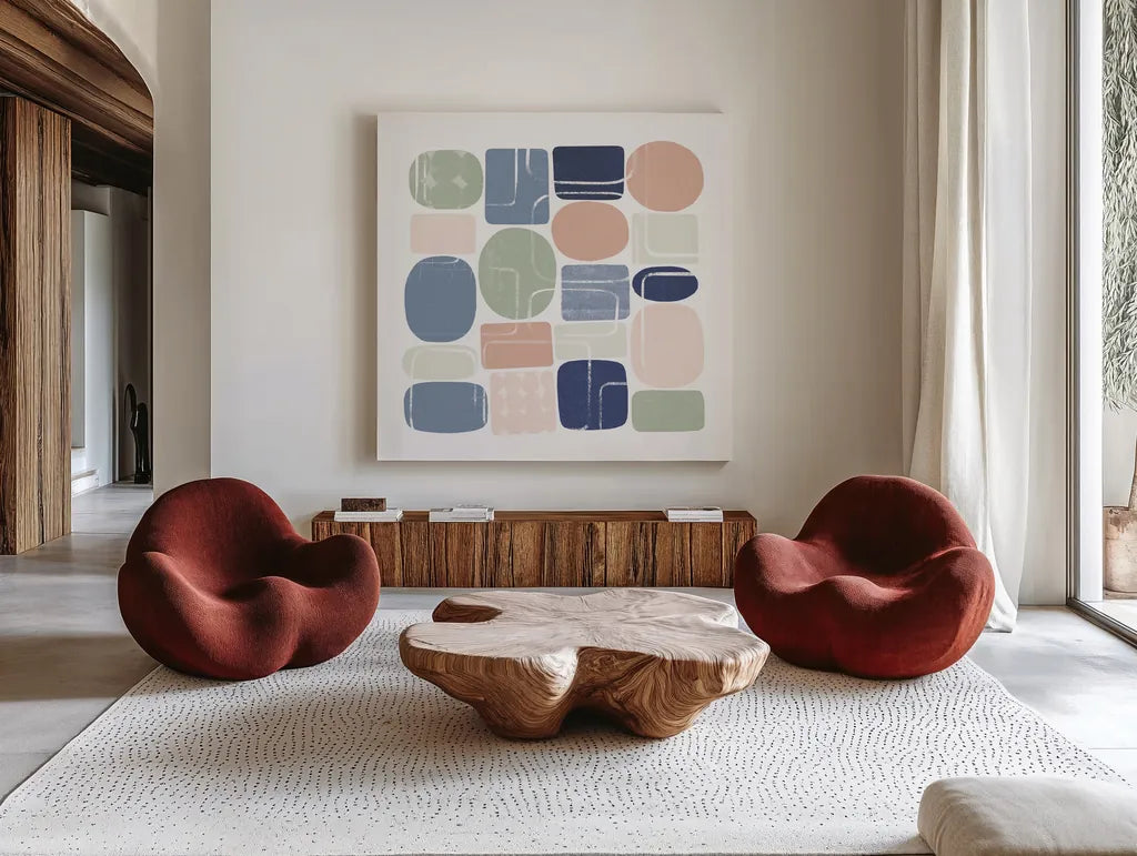 Beans II Pastel by Wild Apple Portfolio. Shown as extra-large giant wall art in a modern living room. Available as an archival giclee rolled canvas, fine art paper, or poster print. SKU 52086a.