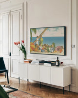 Beauty and the Beach Bright by Wild Apple Portfolio. shown as a framed stretched canvas in a living room above a console. Available as a archival giclee rolled canvas, fine art paper, or poster print. SKU 31556i.