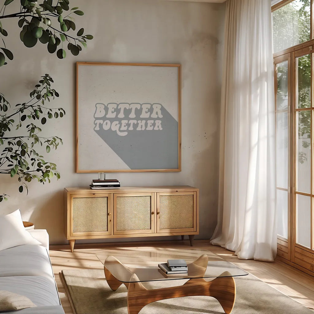 Better Together II by Wild Apple Portfolio. Shown in a natural wood frame in a cozy modern living room. Available as an archival giclee rolled canvas, fine art paper, or poster print. SKU 64807a.