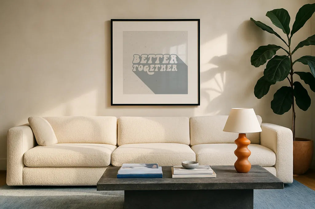 Better Together II by Wild Apple Portfolio. Displayed in a glass frame with matte in a clean modern living room. Available as an archival giclee rolled canvas, fine art paper, or poster print. SKU 64807a.