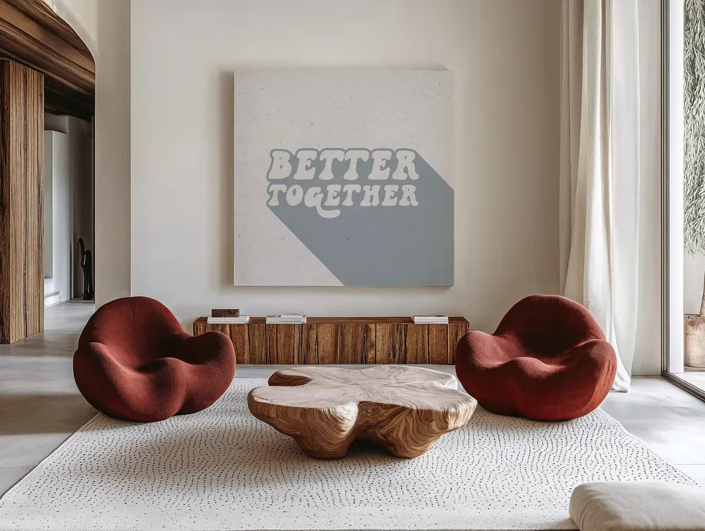 Better Together II by Wild Apple Portfolio. Shown as extra-large giant wall art in a modern living room. Available as an archival giclee rolled canvas, fine art paper, or poster print. SKU 64807a.