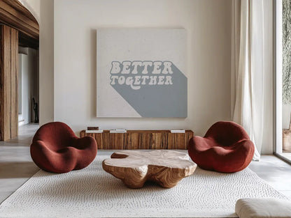 Better Together II by Wild Apple Portfolio. Shown as extra-large giant wall art in a modern living room. Available as an archival giclee rolled canvas, fine art paper, or poster print. SKU 64807a.