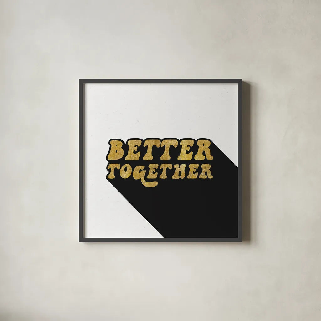 Better Together II BG by Wild Apple Portfolio. Shown in a sleek black glass frame for a contemporary gallery look. Available as an archival giclee rolled canvas, fine art paper, or poster print. SKU 68995a.
